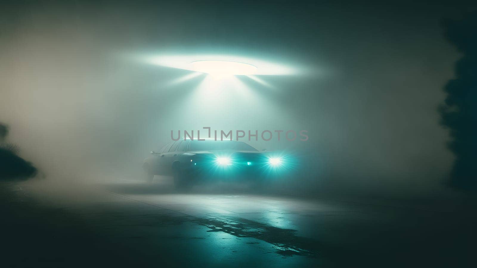 alien abduction on a highway, flying UFO saucer over car at foggy night road with wide beam of light, neural network generated in spring 2023. Not based on any actual scene or pattern.