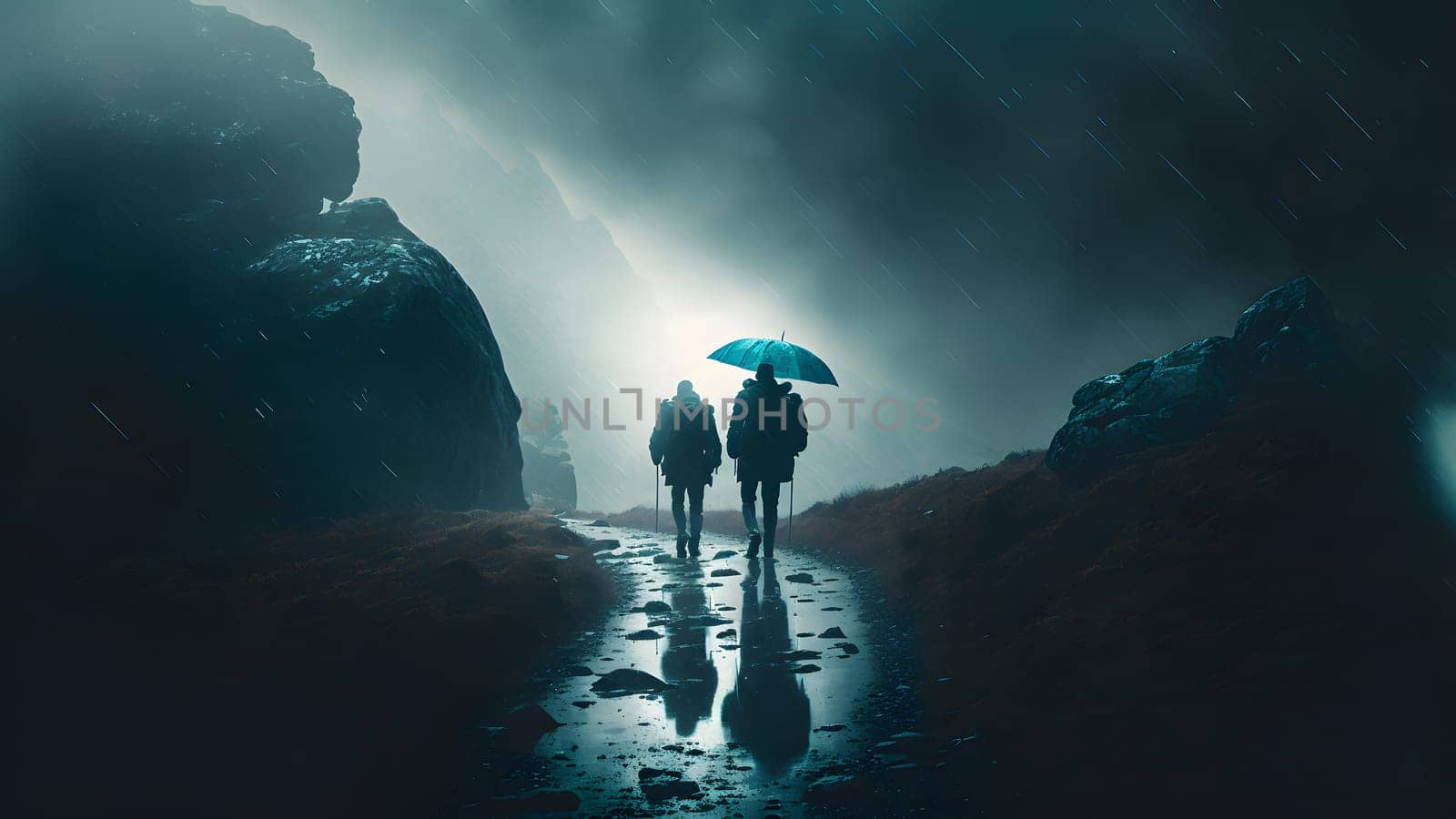 group of walking travellers in scandinavian mountains at rainy foggy day, neural network generated art. Digitally generated image. Not based on any actual person, scene or pattern.