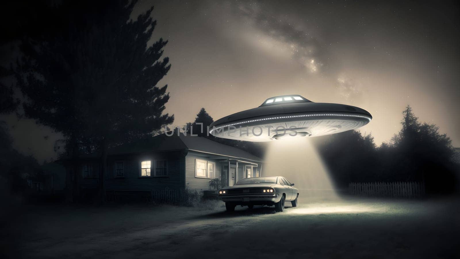 flying UFO saucer spacecraft over car near countryside house at foggy night, neural network generated in spring 2023. Not based on any actual scene or pattern.