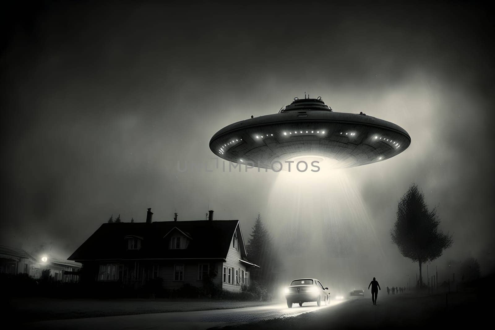 flying UFO saucer spacecraft over car near countryside house at foggy night, neural network generated in spring 2023. Not based on any actual scene or pattern.