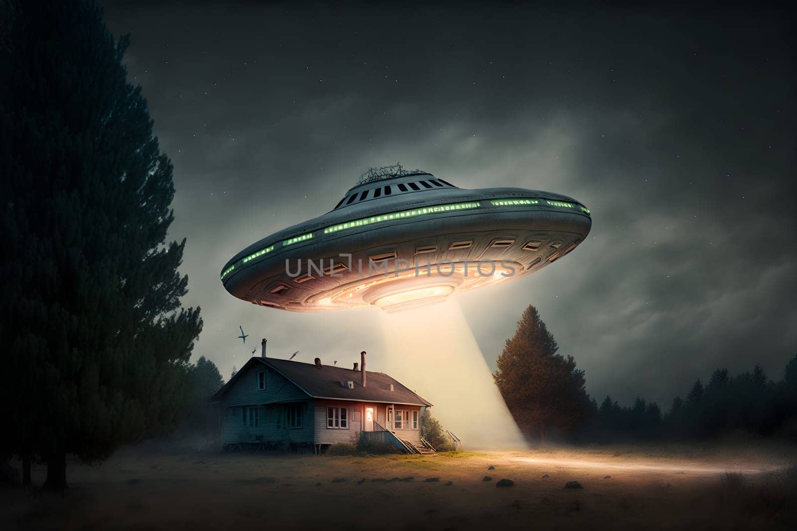 flying UFO saucer over countryside house at starry night, neural network generated in spring 2023. Not based on any actual scene or pattern.