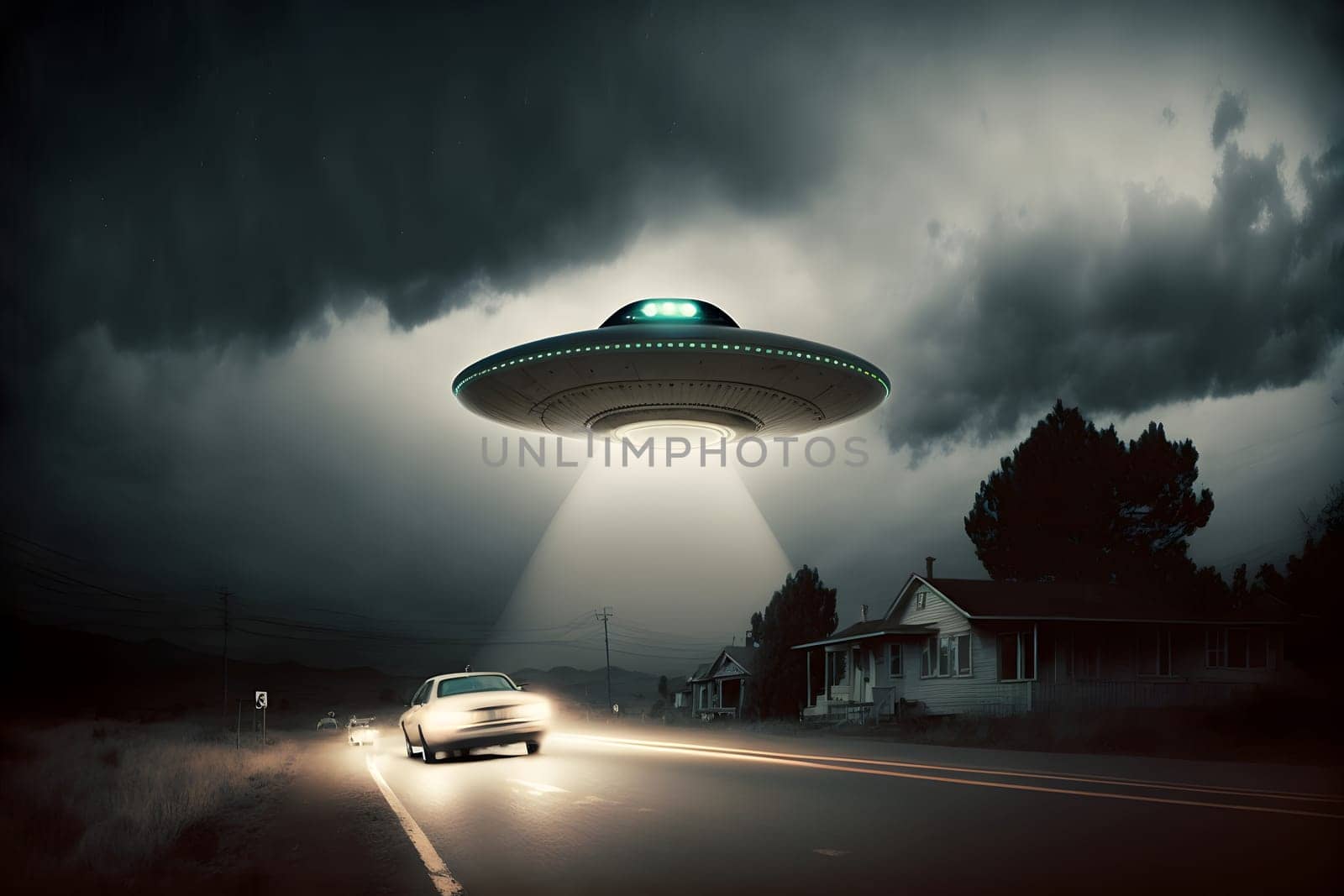 flying UFO saucer spacecraft over moving cars near countryside houses at foggy night, neural network generated in spring 2023. Not based on any actual scene or pattern.