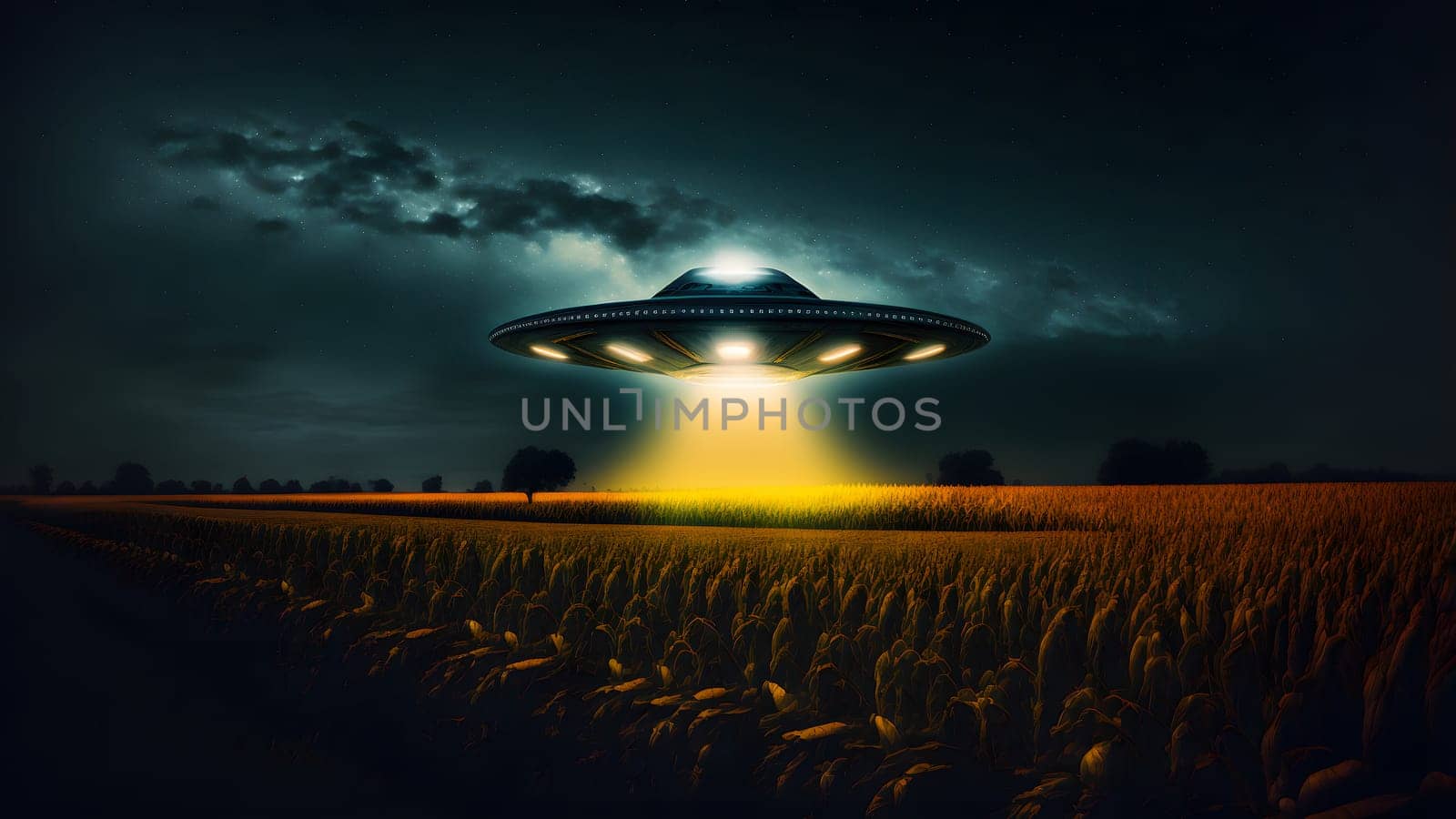 UFO saucer hovering over corn field at starry night with wide beam of light underneath, neural network generated in spring 2023. Not based on any actual scene or pattern.