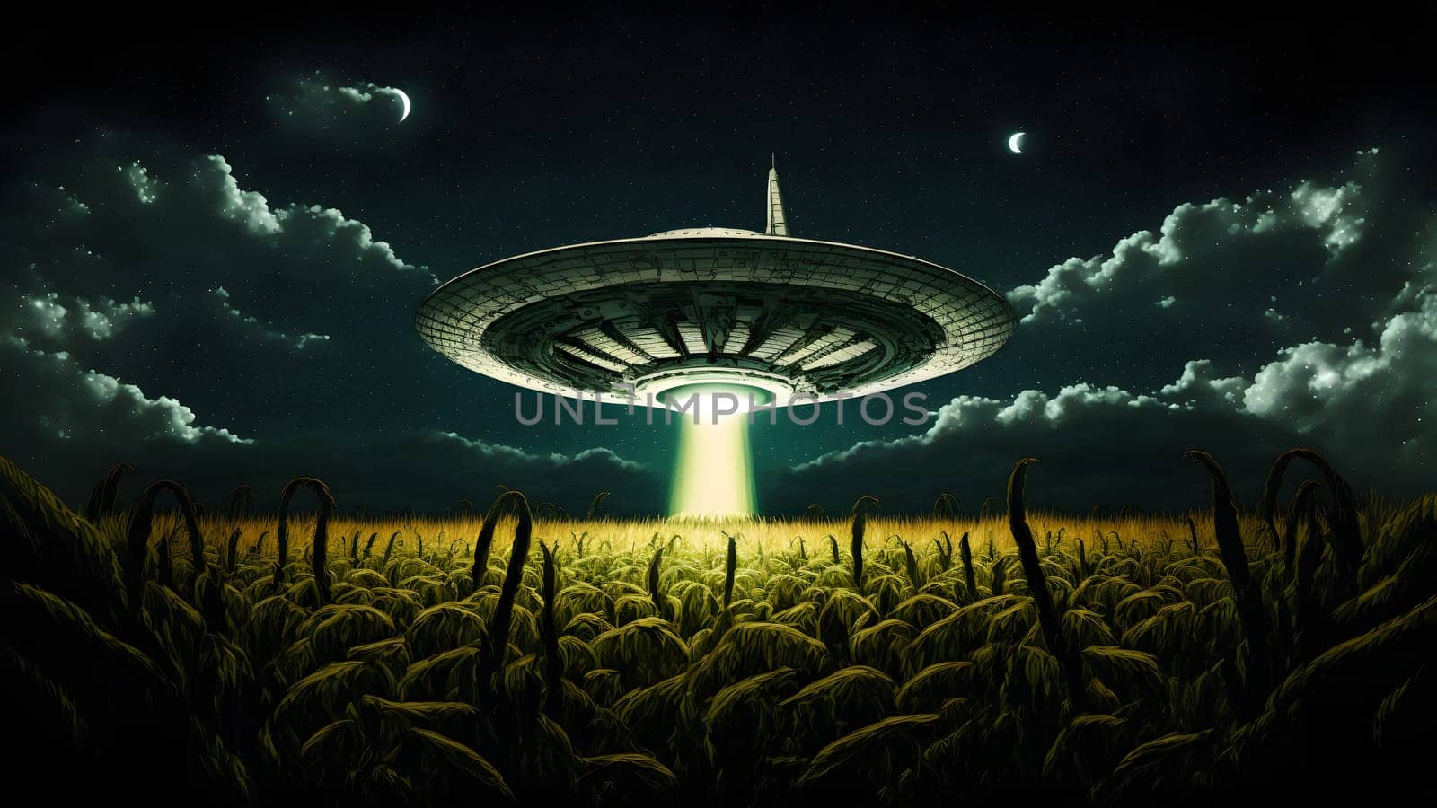 UFO saucer hovering over corn field at starry night with wide beam of light underneath, neural network generated in spring 2023. Not based on any actual scene or pattern.