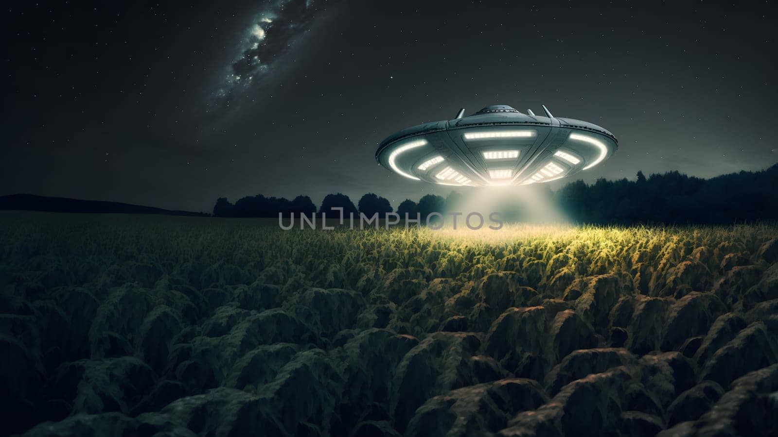 UFO saucer hovering over corn field at starry night with wide beam of light underneath, neural network generated in spring 2023. Not based on any actual scene or pattern.