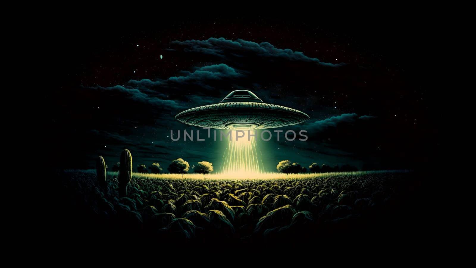 UFO saucer hovering over corn field at starry night with wide beam of light underneath, neural network generated in spring 2023. Not based on any actual scene or pattern.