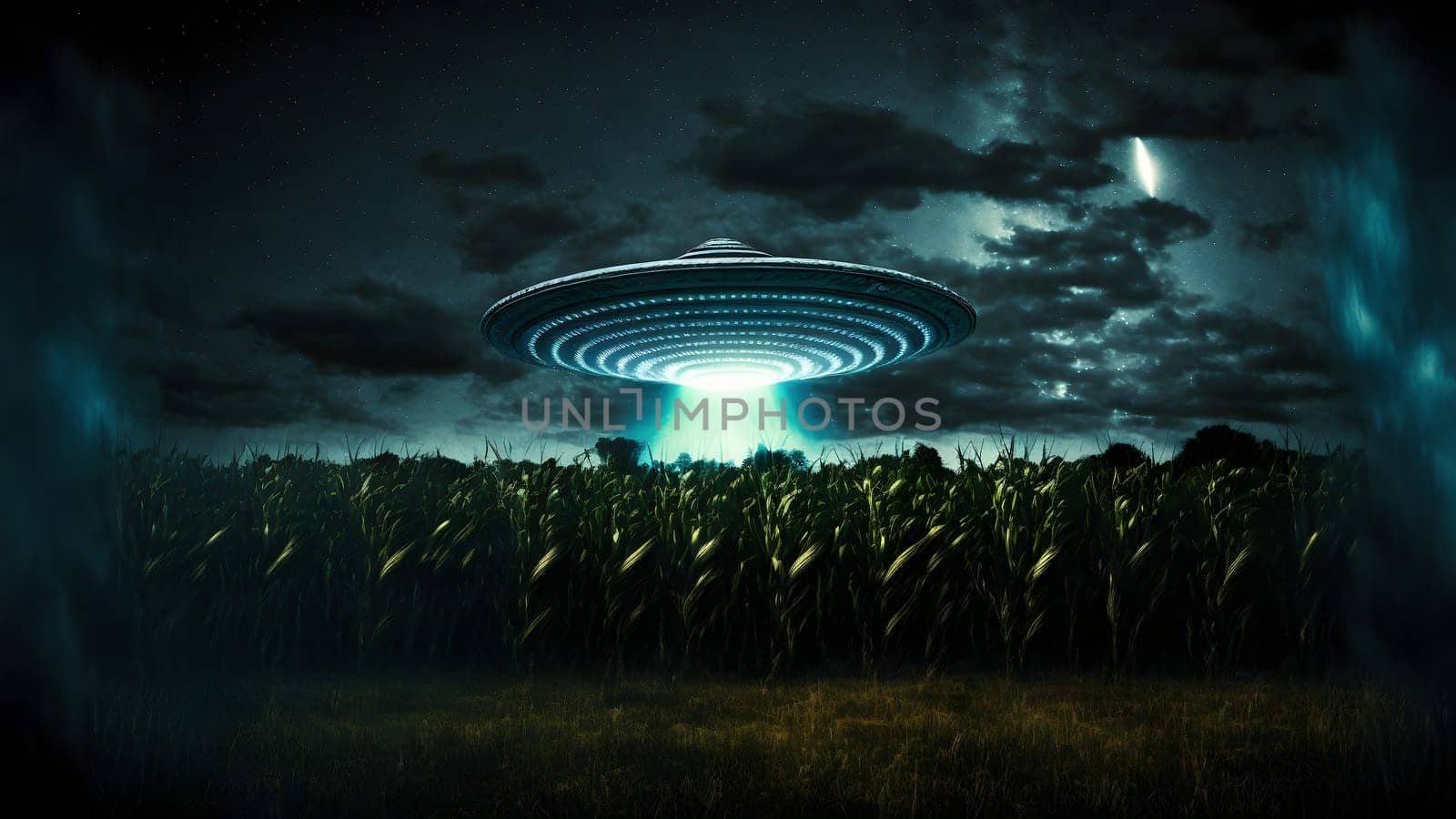 UFO saucer hovering over corn field at starry night with wide beam of light underneath, neural network generated in spring 2023. Not based on any actual scene or pattern.