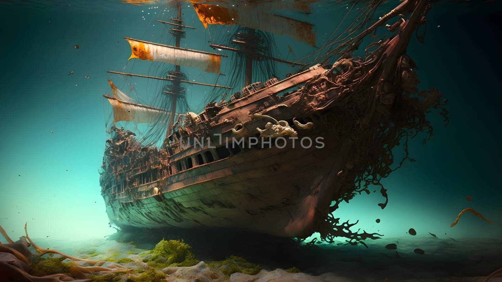 old sunken wooden sail ship on sea floor, neural network generated in spring 2023. Not based on any actual scene or pattern.