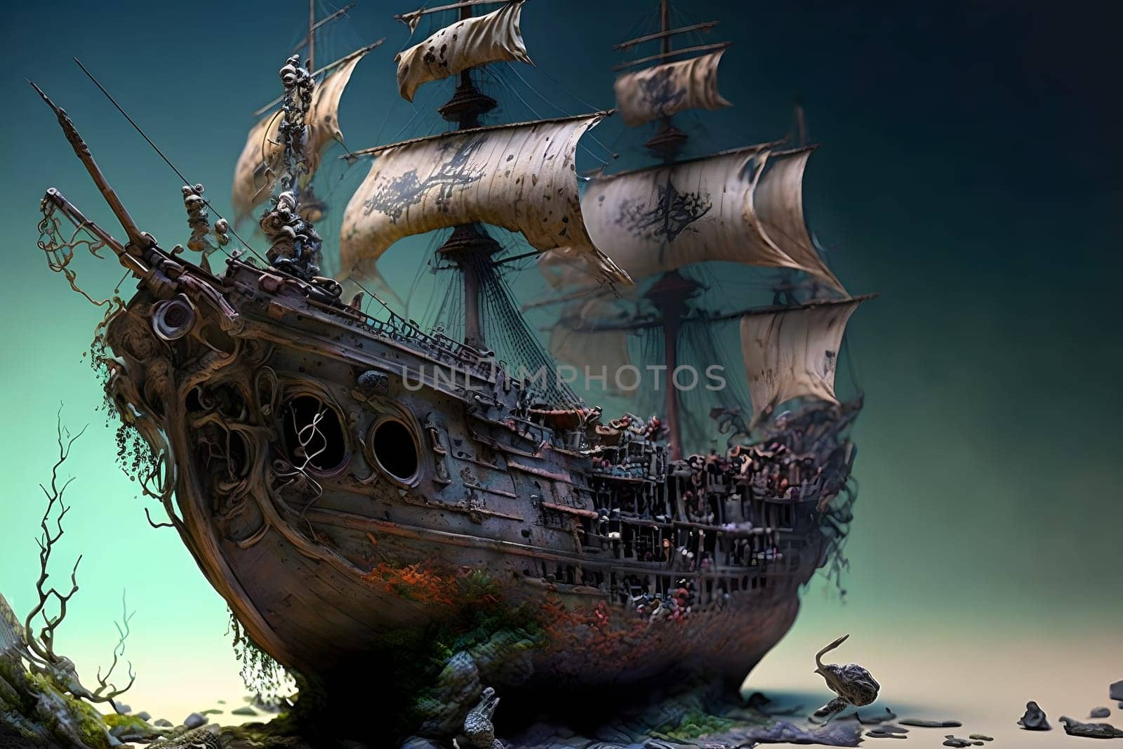 old sunken wooden sail ship on sea floor, neural network generated in spring 2023. Not based on any actual scene or pattern.