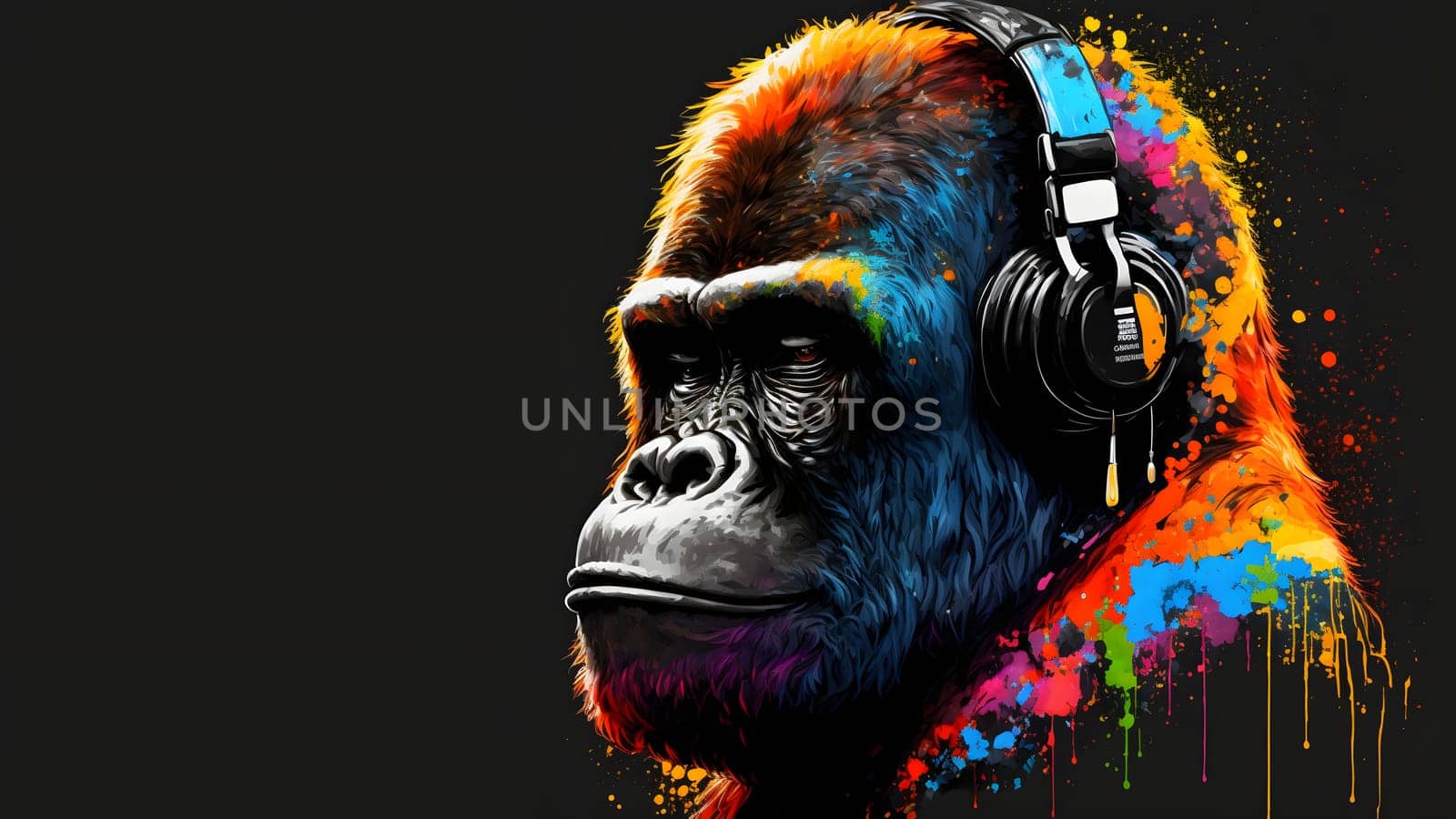 gorilla wearing headphones covered with colorful paint drops listening to music on dark grey background, neural network generated in spring 2023. Not based on any actual person, scene or pattern.