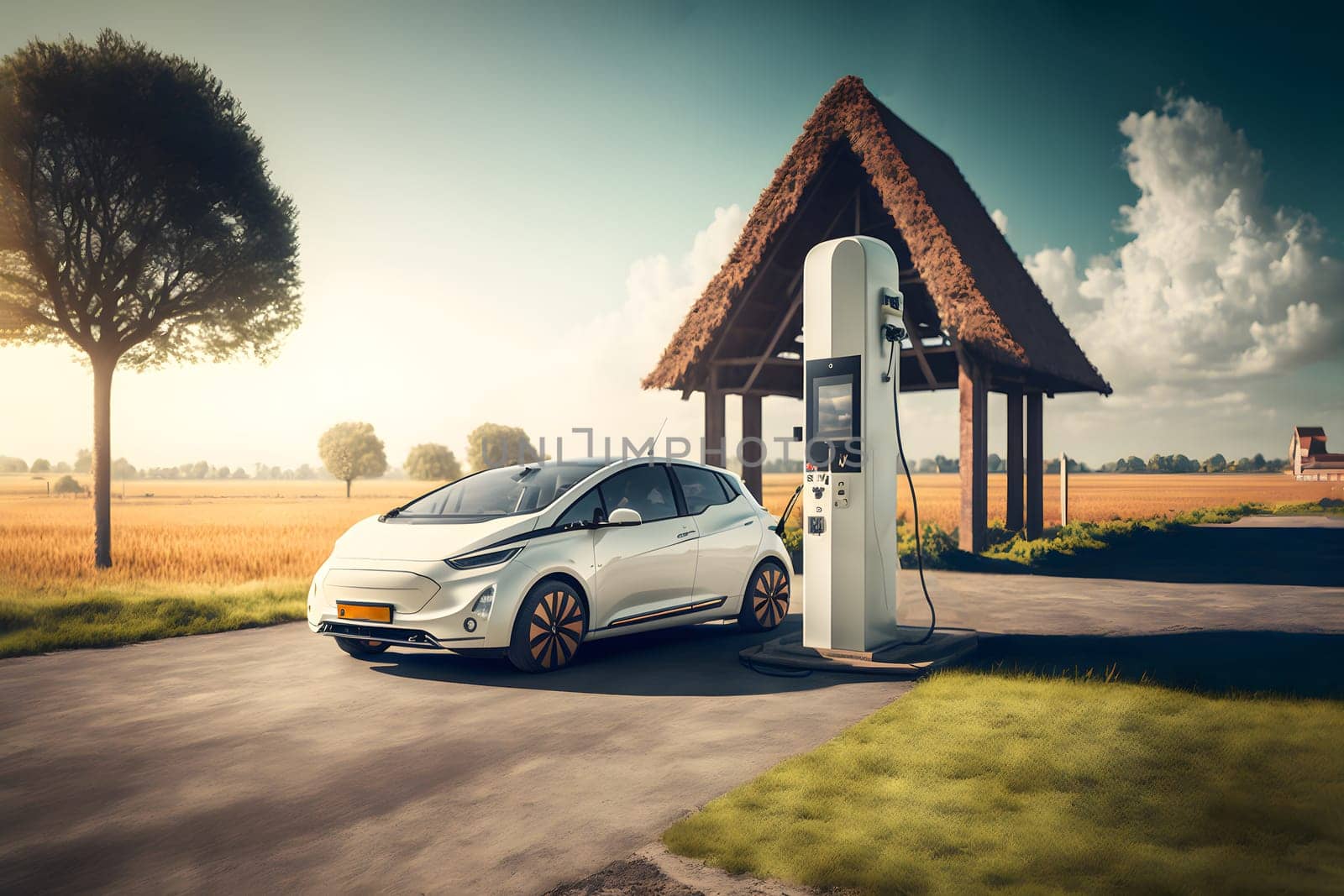 electrical vehicle near wind powered charging station in daytime summer countryside environment. Digitally generated image. Not based on any actual scene.