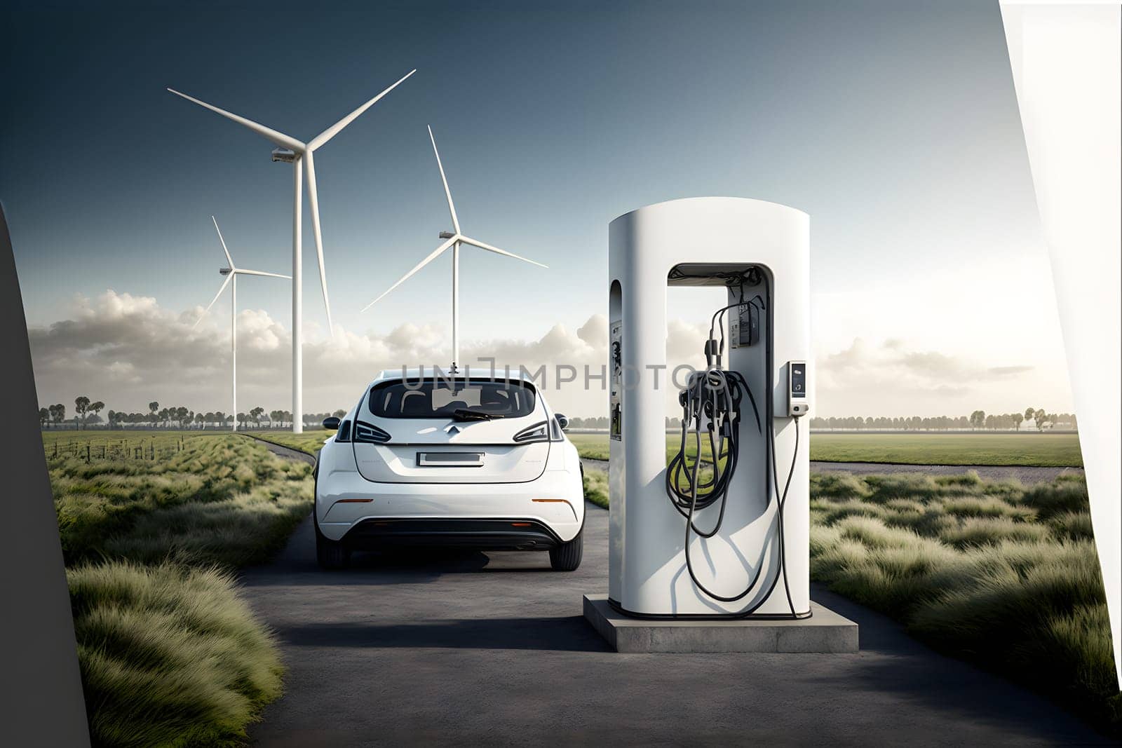 electrical vehicle near wind powered charging station in daytime summer countryside environment. Digitally generated image. Not based on any actual scene.
