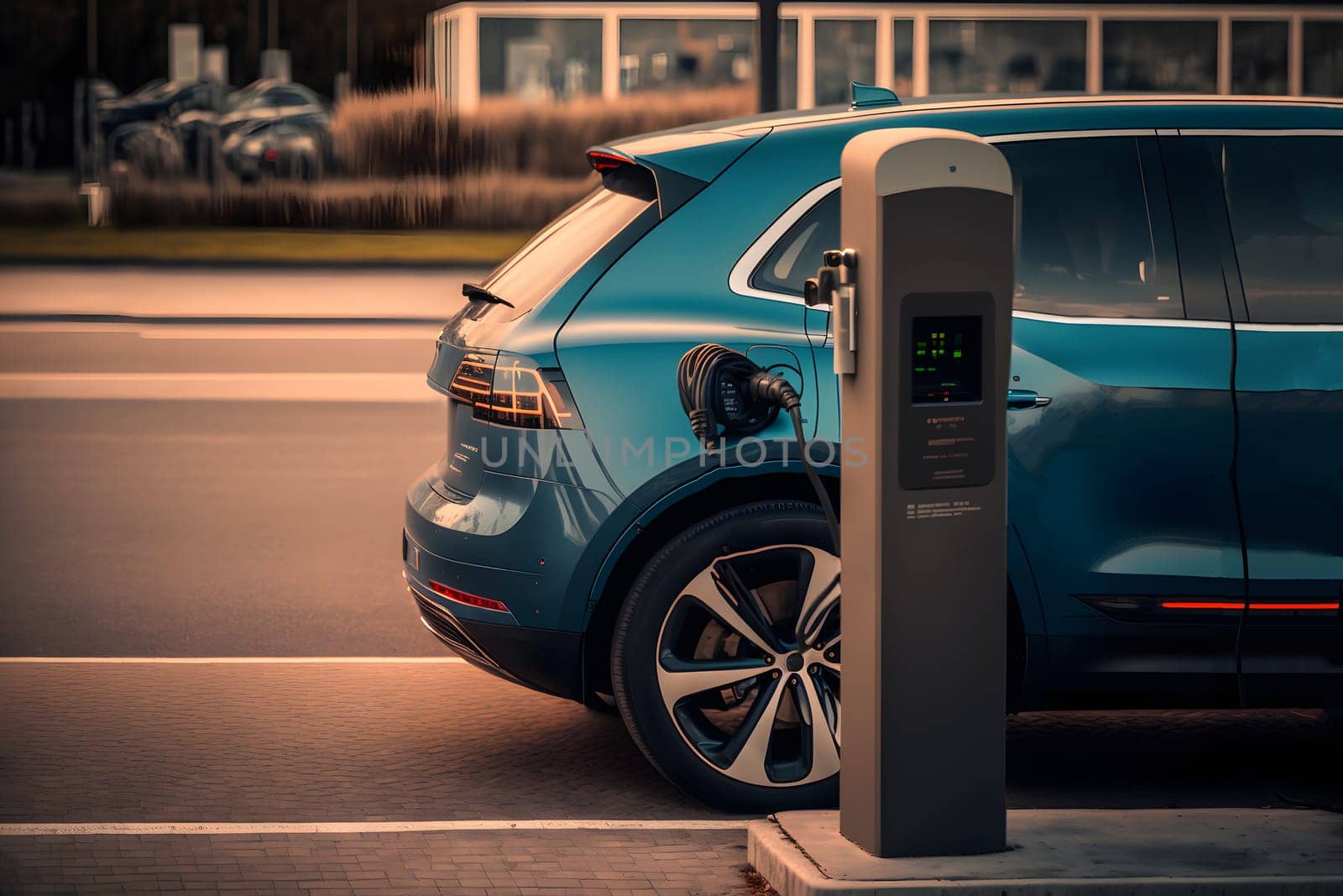 electrical vehicle near charging station in daytime summer urban environment, neural network generated in spring 2023. Not based on any actual scene or pattern.