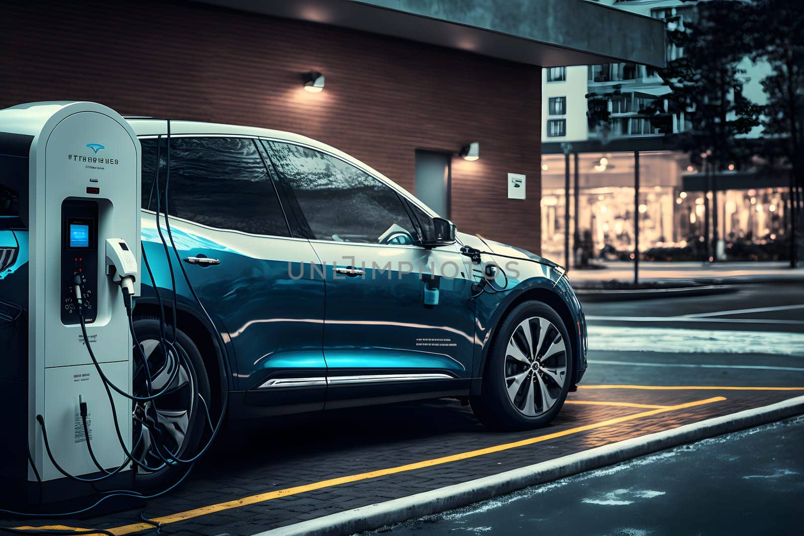 electrical vehicle near charging station in daytime summer urban environment, neural network generated in spring 2023. Not based on any actual scene or pattern.