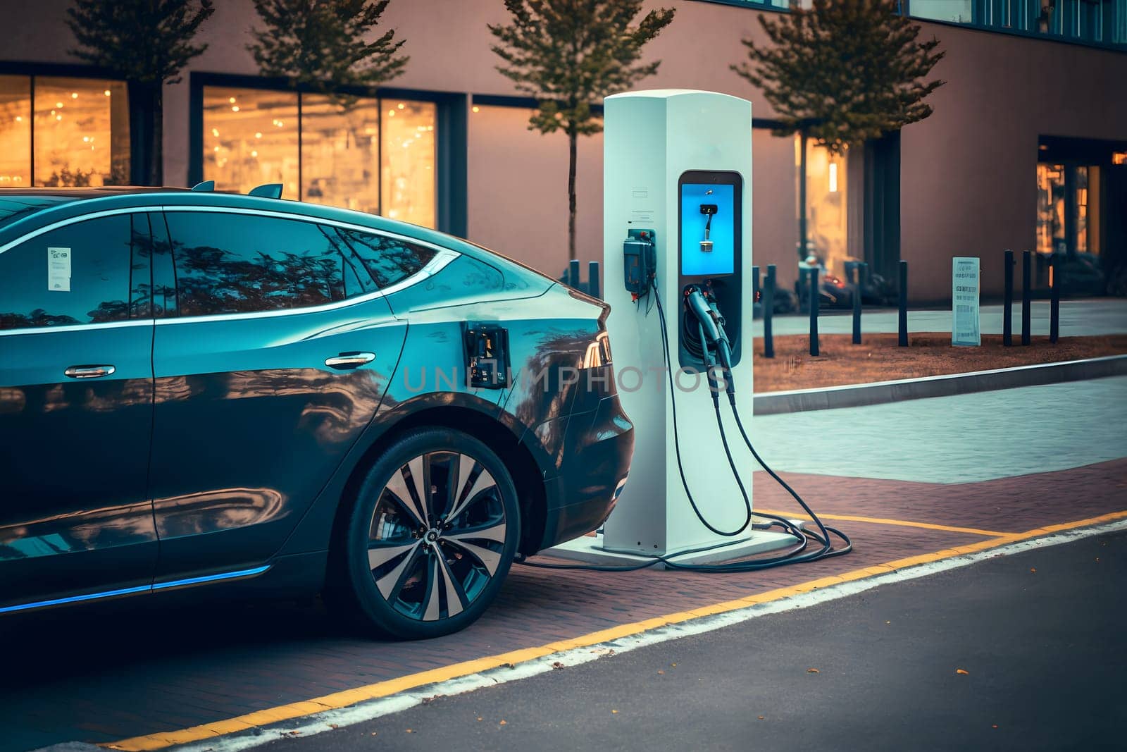 electrical vehicle near charging station in daytime summer urban environment, neural network generated in spring 2023. Not based on any actual scene or pattern.