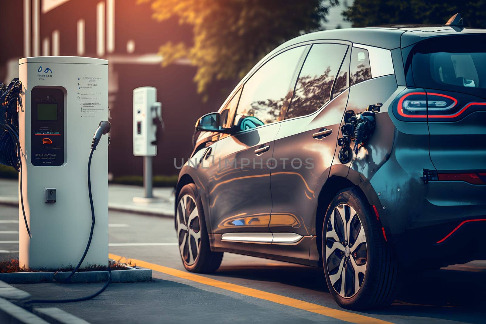 electrical vehicle near charging station in daytime summer urban environment, neural network generated in spring 2023. Not based on any actual scene or pattern.