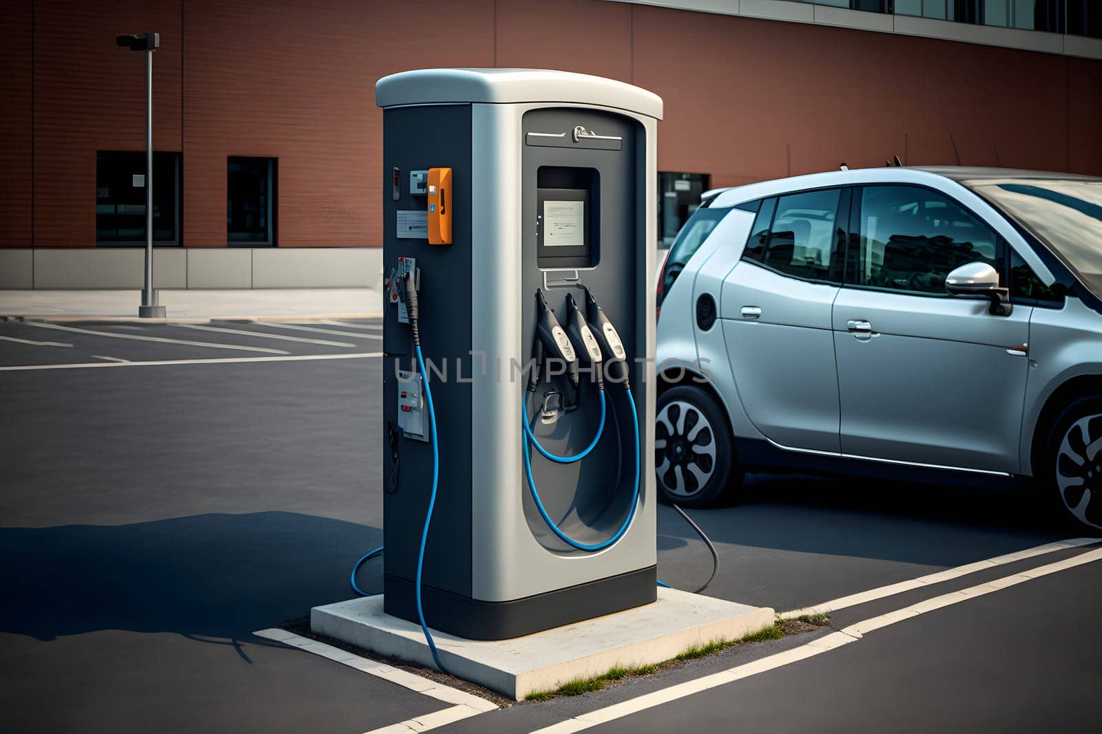 electrical vehicle near charging station in daytime summer urban environment, neural network generated in spring 2023. Not based on any actual scene or pattern.