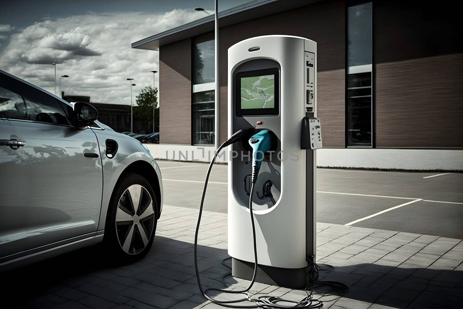 electrical vehicle near charging station in daytime summer urban environment, neural network generated in spring 2023. Not based on any actual scene or pattern.