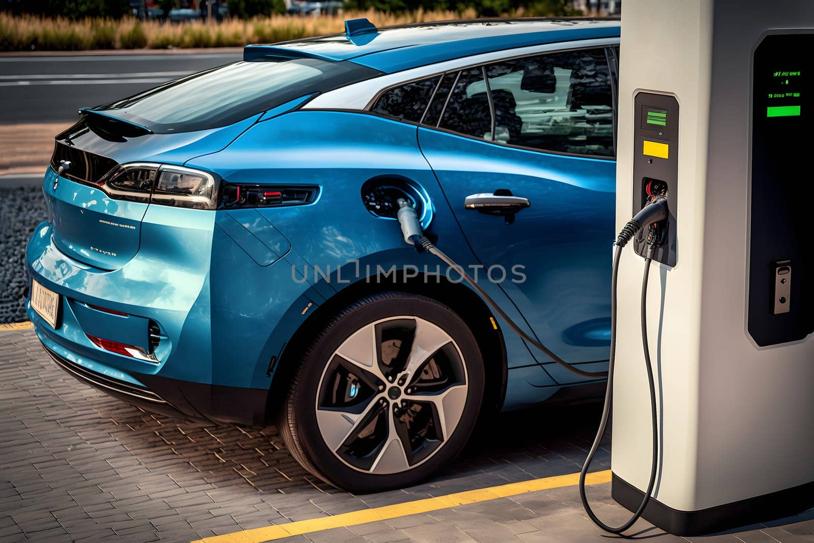 electrical vehicle near charging station in daytime summer urban environment, neural network generated in spring 2023. Not based on any actual scene or pattern.