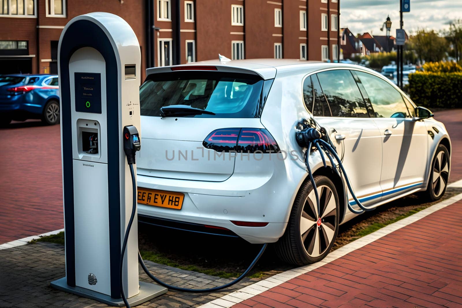 electrical vehicle near charging station in daytime summer urban environment, neural network generated in spring 2023. Not based on any actual scene or pattern.