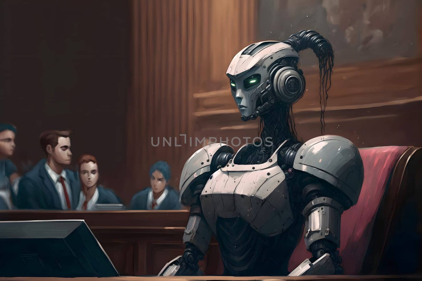 Anthropomorphic female robot in human court, neural network generated art. AI law concept. Digitally generated image. Not based on any actual person, scene or pattern.
