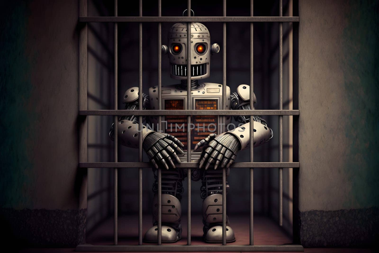 Cartoonish robot in jail behind the bars. AI crime concept. Digitally generated image. Not based on any actual person, scene or pattern.