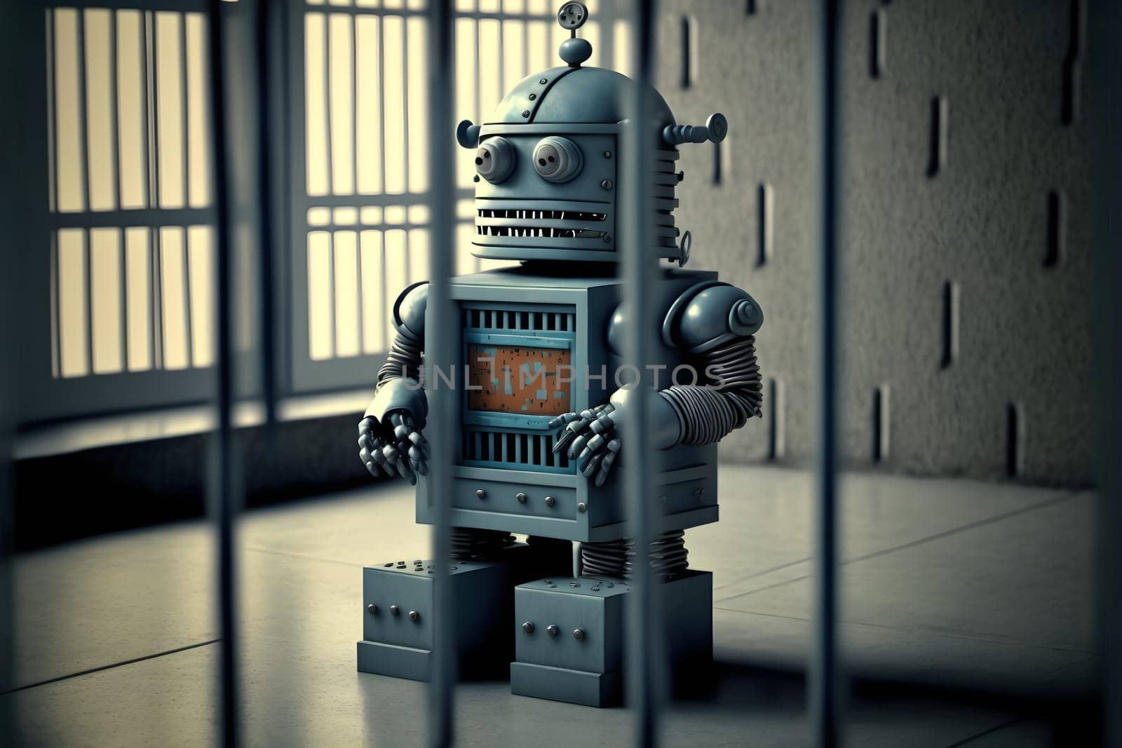 Cartoonish robot in jail behind the bars. AI crime concept. Digitally generated image. Not based on any actual person, scene or pattern.
