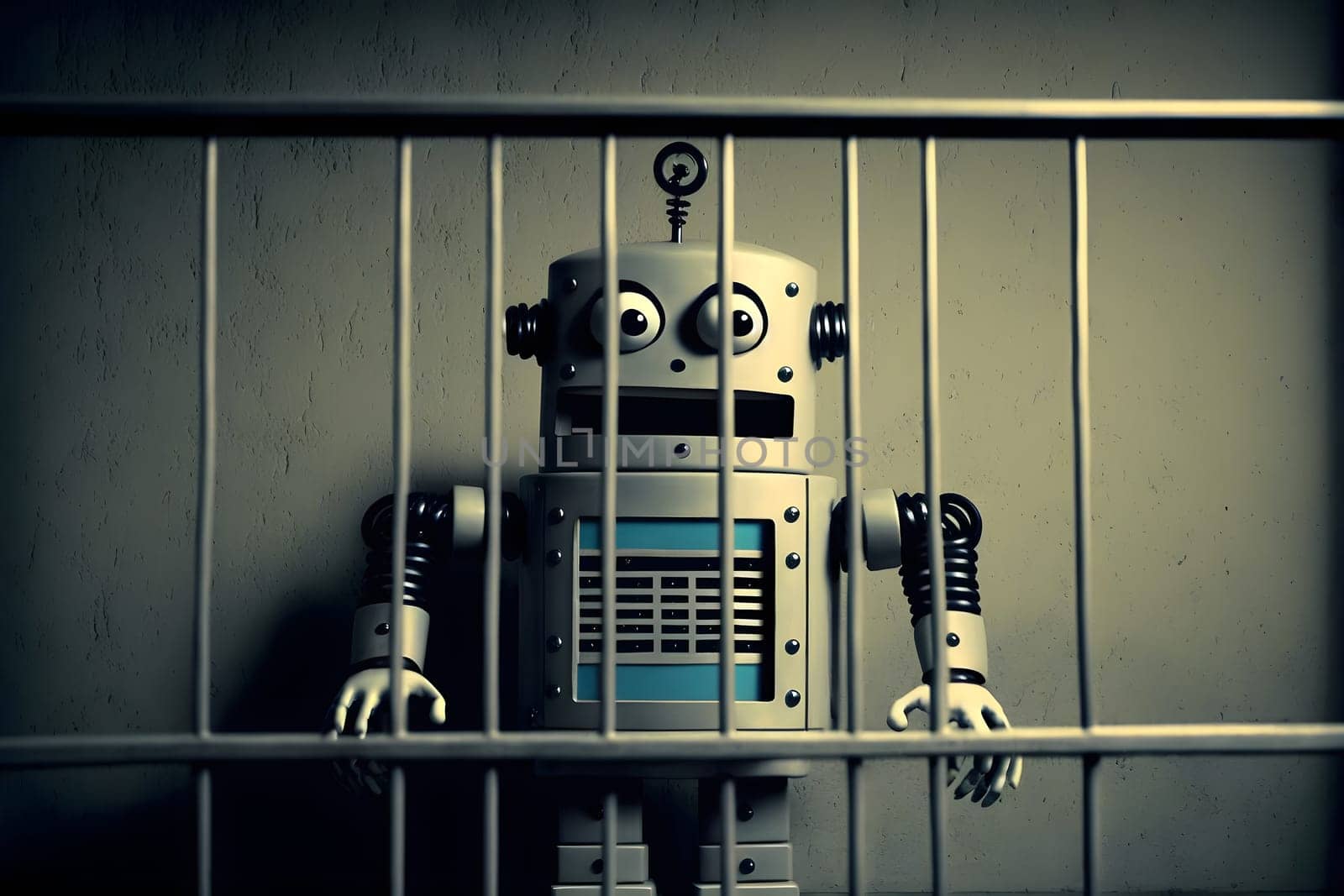 Cartoonish robot in jail behind the bars. AI crime concept. Digitally generated image. Not based on any actual person, scene or pattern.