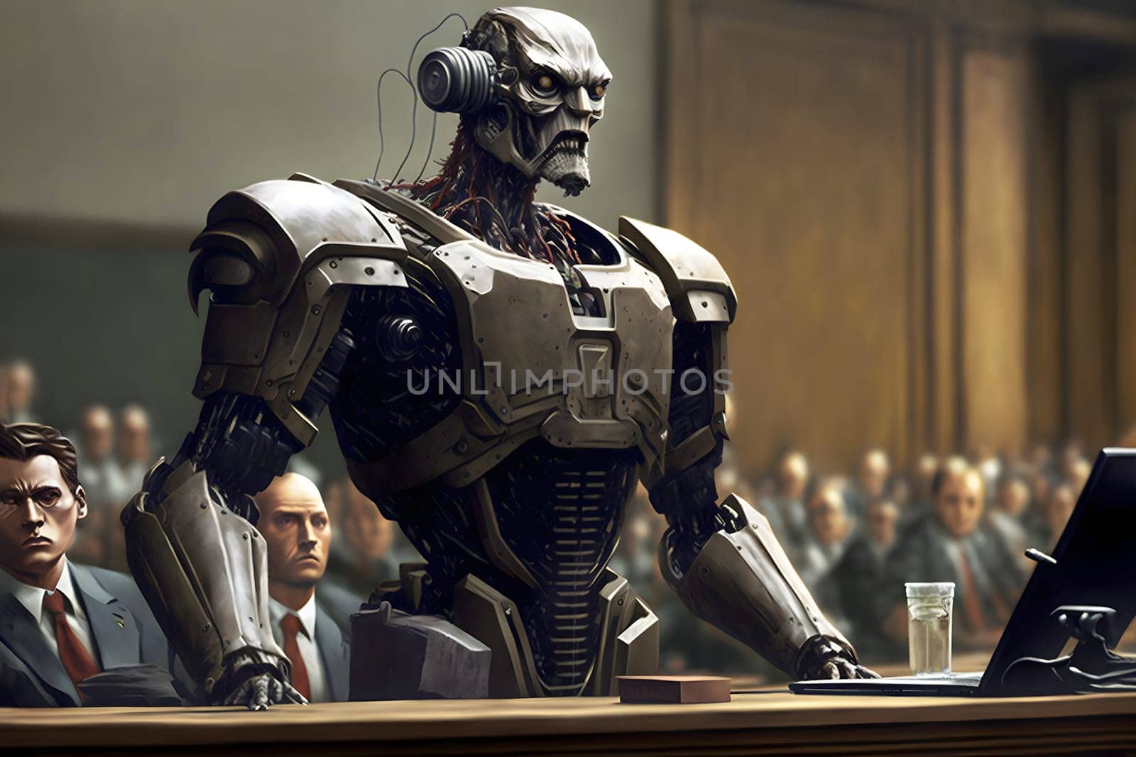 Anthropomorphic robot in human court, neural network generated art. AI law concept. Digitally generated image. Not based on any actual person, scene or pattern.
