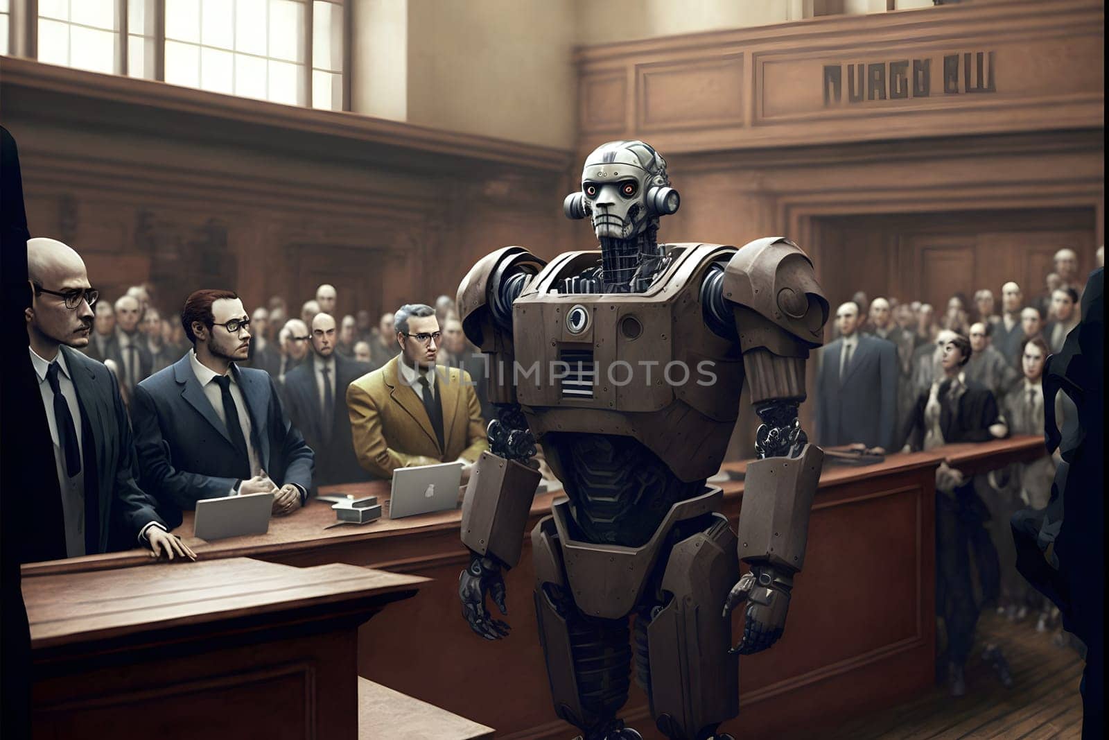 Anthropomorphic robot in human court, neural network generated art. AI law concept. Digitally generated image. Not based on any actual person, scene or pattern.