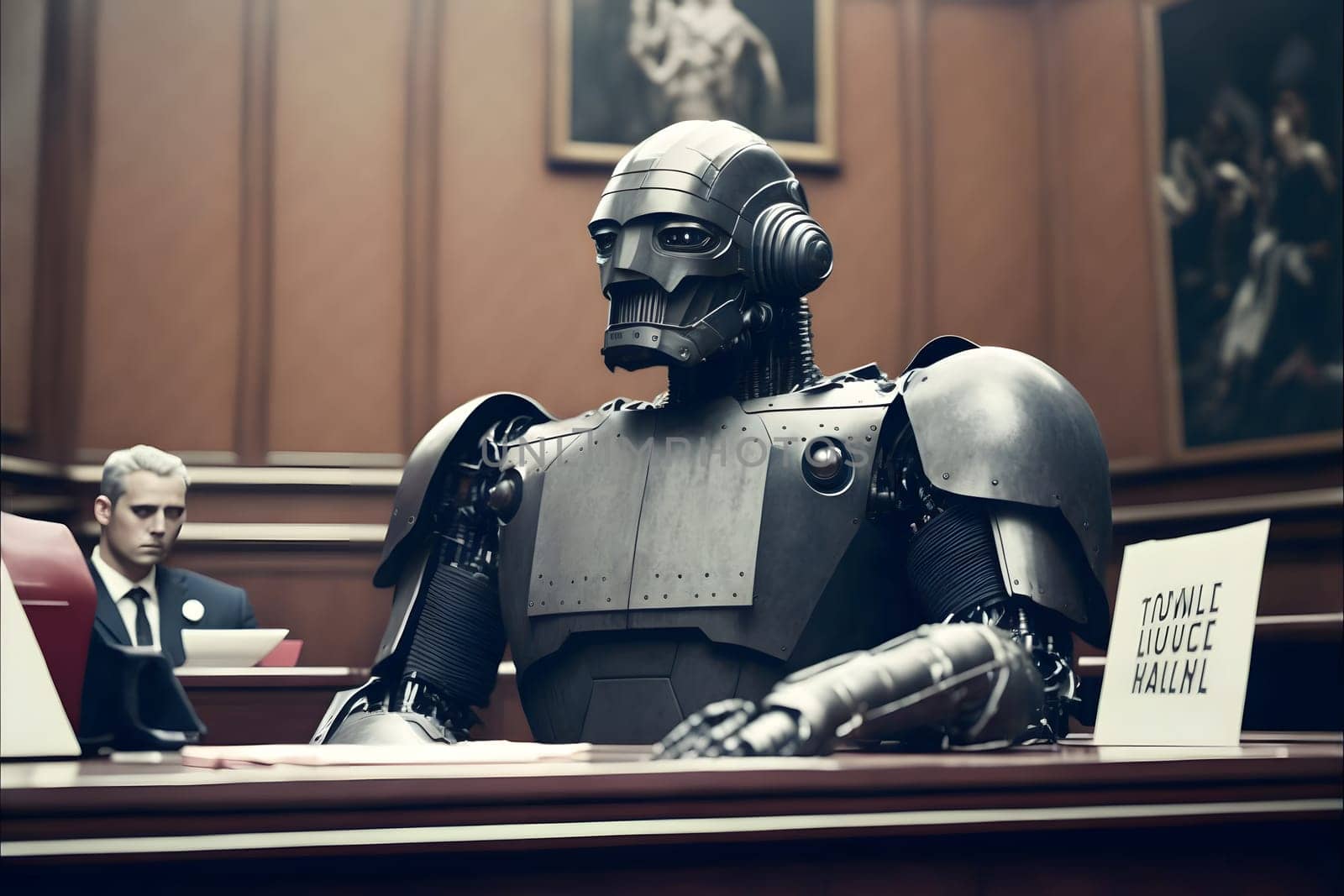 Anthropomorphic robot in human court, neural network generated art. AI law concept. Digitally generated image. Not based on any actual person, scene or pattern.