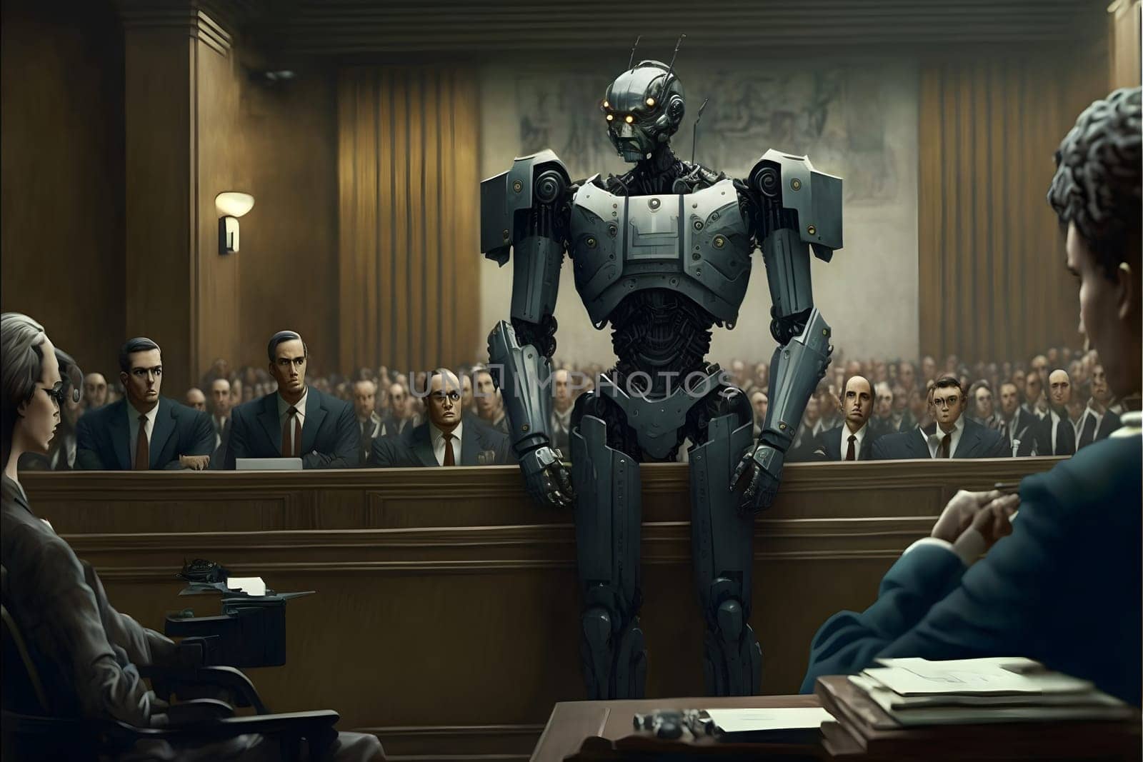Anthropomorphic robot in human court, neural network generated art. AI law concept. Digitally generated image. Not based on any actual person, scene or pattern.