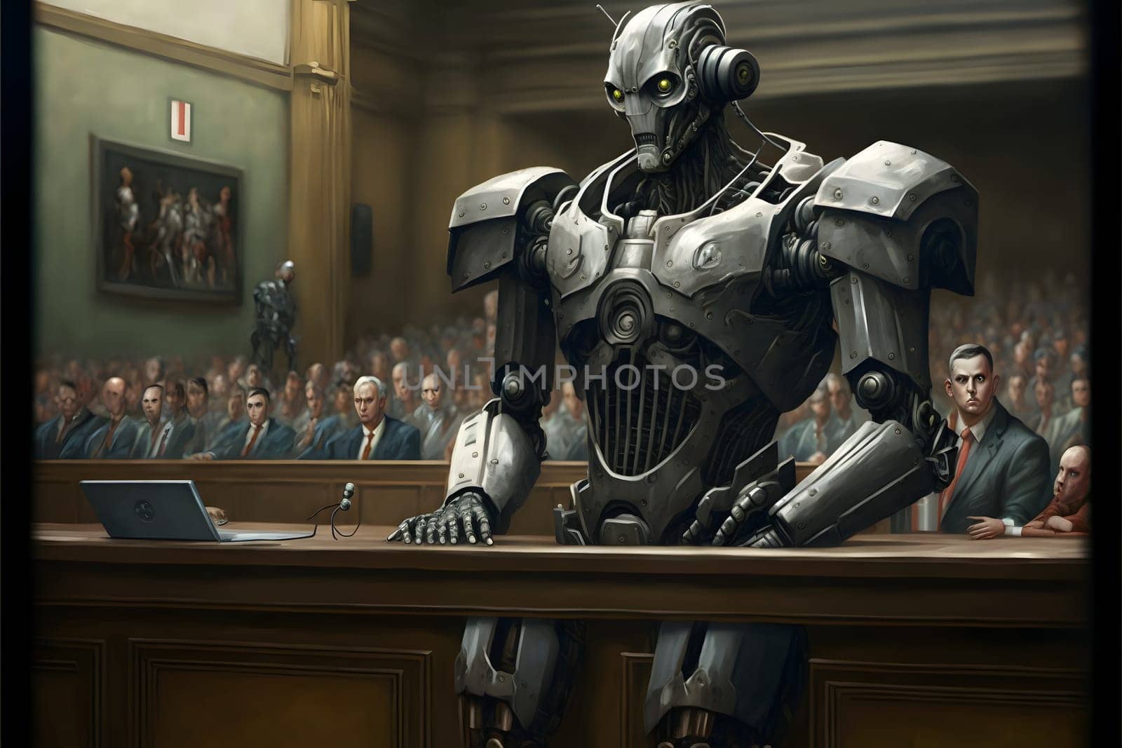 Anthropomorphic robot in human court, neural network generated art. AI law concept. Digitally generated image. Not based on any actual person, scene or pattern.