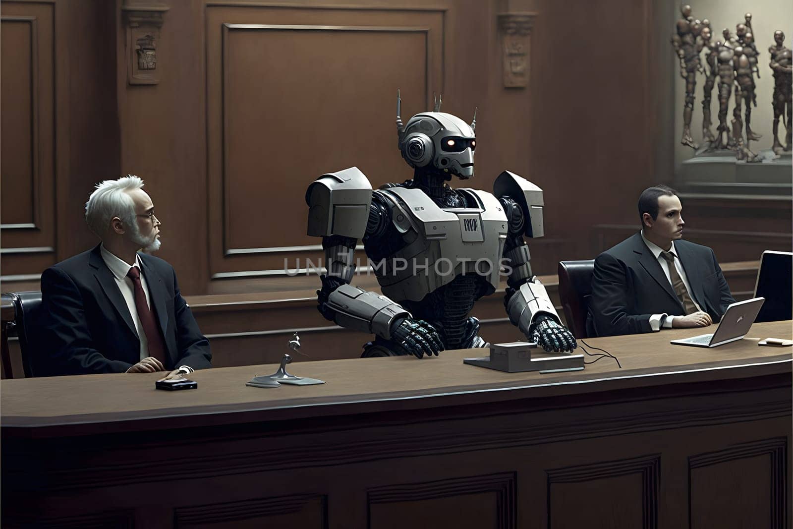Anthropomorphic robot in human court, neural network generated art. AI law concept. Digitally generated image. Not based on any actual person, scene or pattern.
