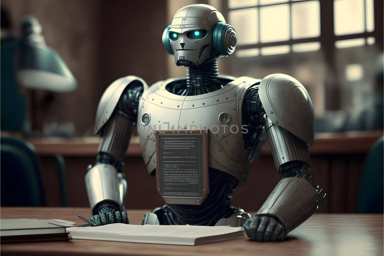 Anthropomorphic robot in human court, neural network generated art. AI law concept. Digitally generated image. Not based on any actual person, scene or pattern.