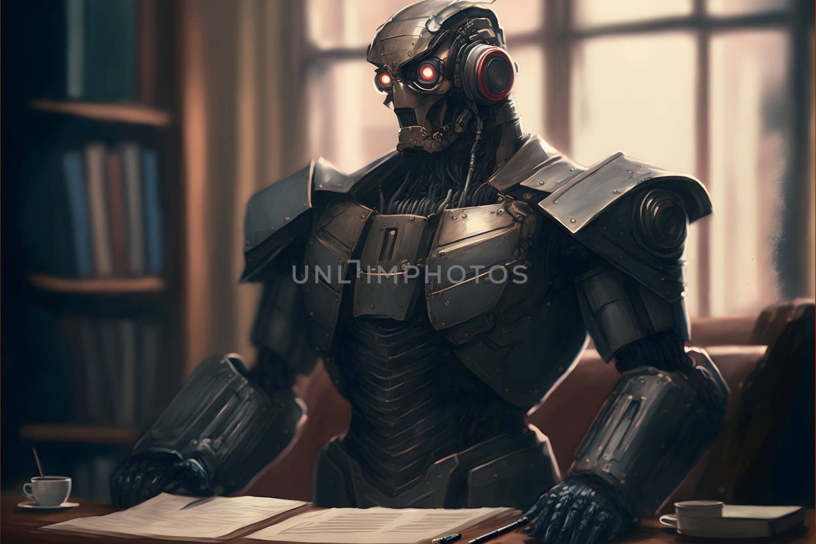 Anthropomorphic robot in human court, neural network generated art. AI law concept. Digitally generated image. Not based on any actual person, scene or pattern.