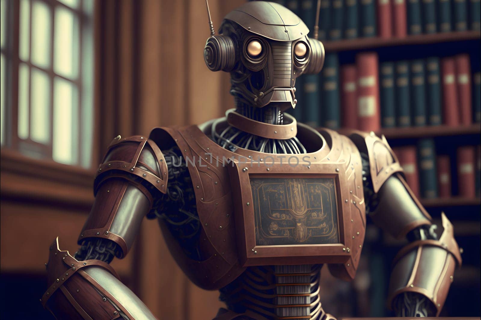 Anthropomorphic robot in human court, neural network generated art. AI law concept. Digitally generated image. Not based on any actual person, scene or pattern.