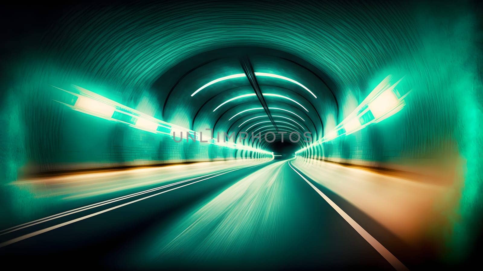 Speed light trail in empty highway tunnel, neural network generated in spring 2023. Not based on any actual scene or pattern.
