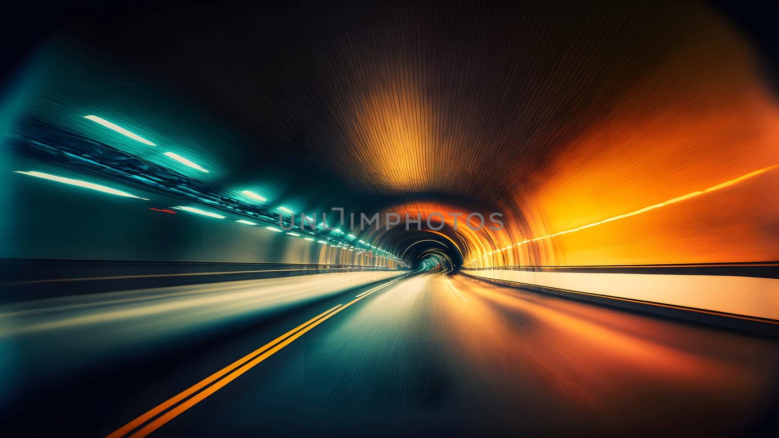 Speed light trail in empty highway tunnel, neural network generated in spring 2023. Not based on any actual scene or pattern.