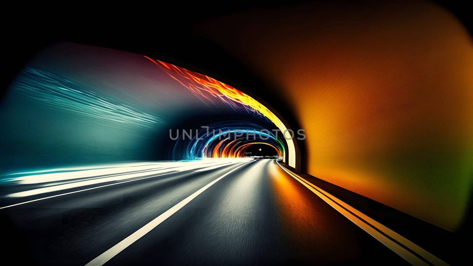 Speed light trail in empty highway tunnel, neural network generated in spring 2023. Not based on any actual scene or pattern.