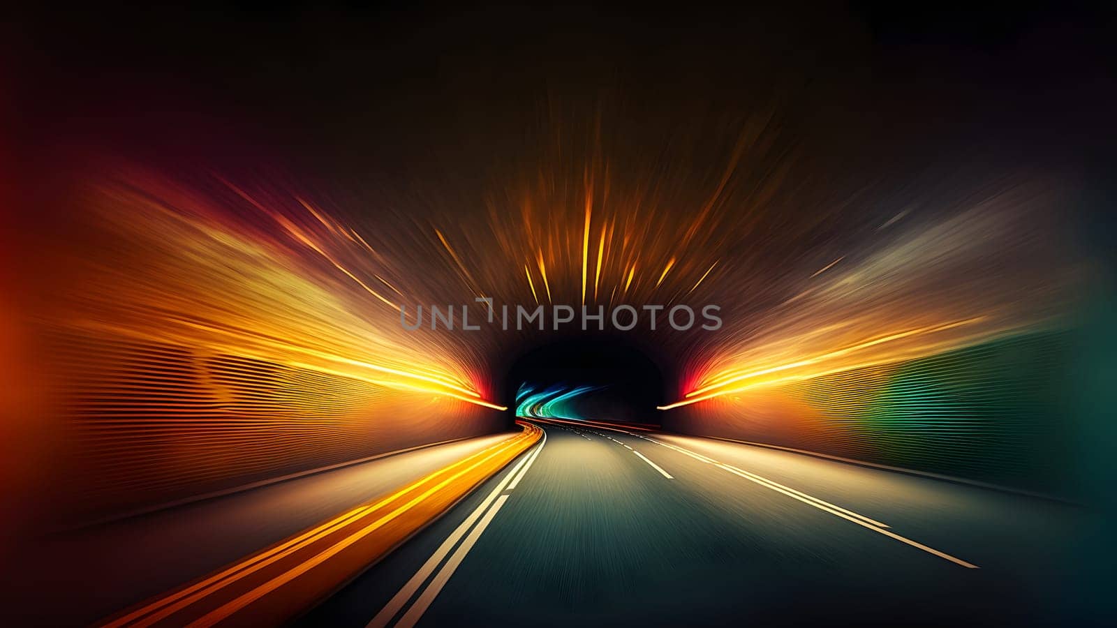 Speed light trail in empty highway tunnel, neural network generated in spring 2023. Not based on any actual scene or pattern.