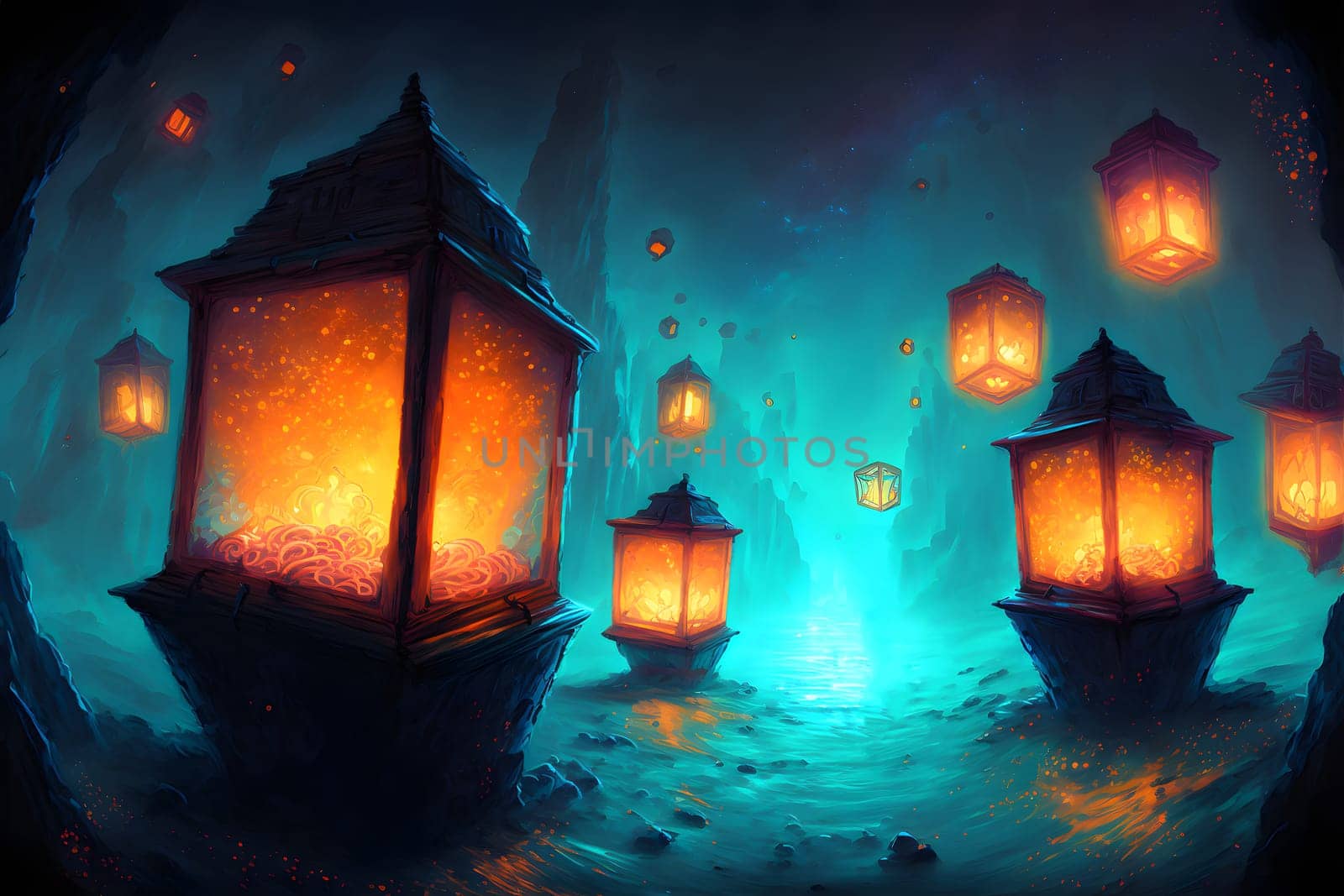 surreal fantasy lantern festival, colorful lanterns glowing brightly on night river surface, neural network generated in spring 2023. Not based on any actual scene or pattern.