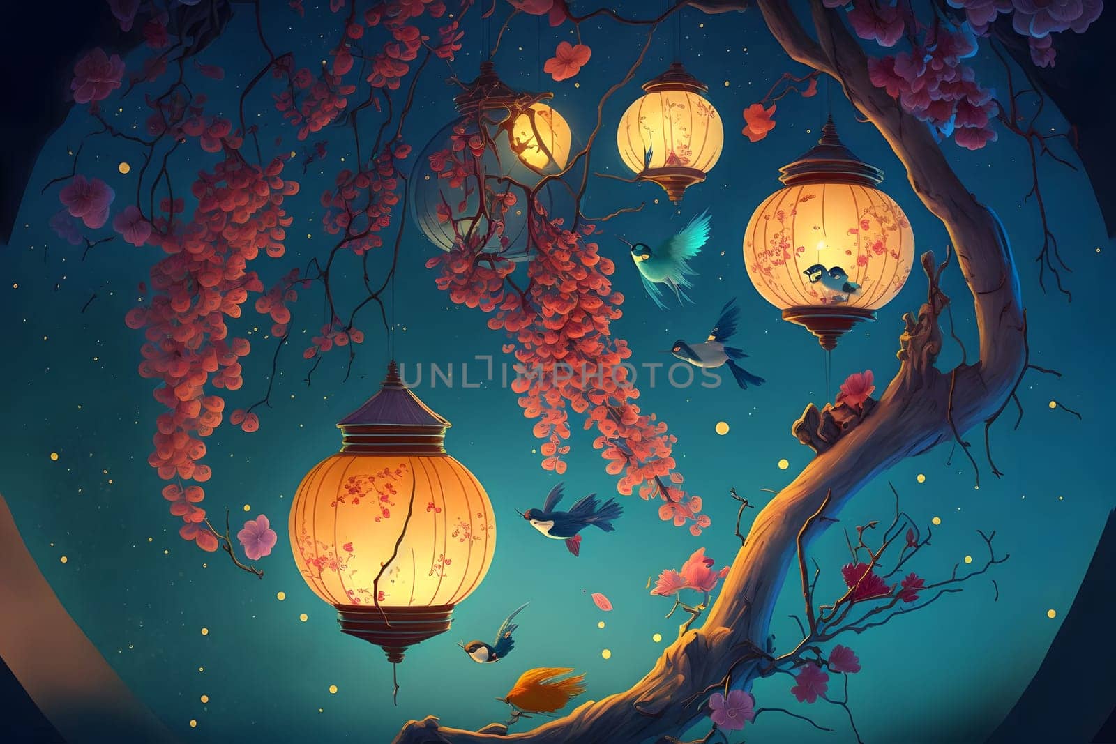 surreal fantasy lanterns on tree with birds, colorful lanterns glowing brightly hanging on branches, neural network generated in spring 2023. Not based on any actual scene or pattern.
