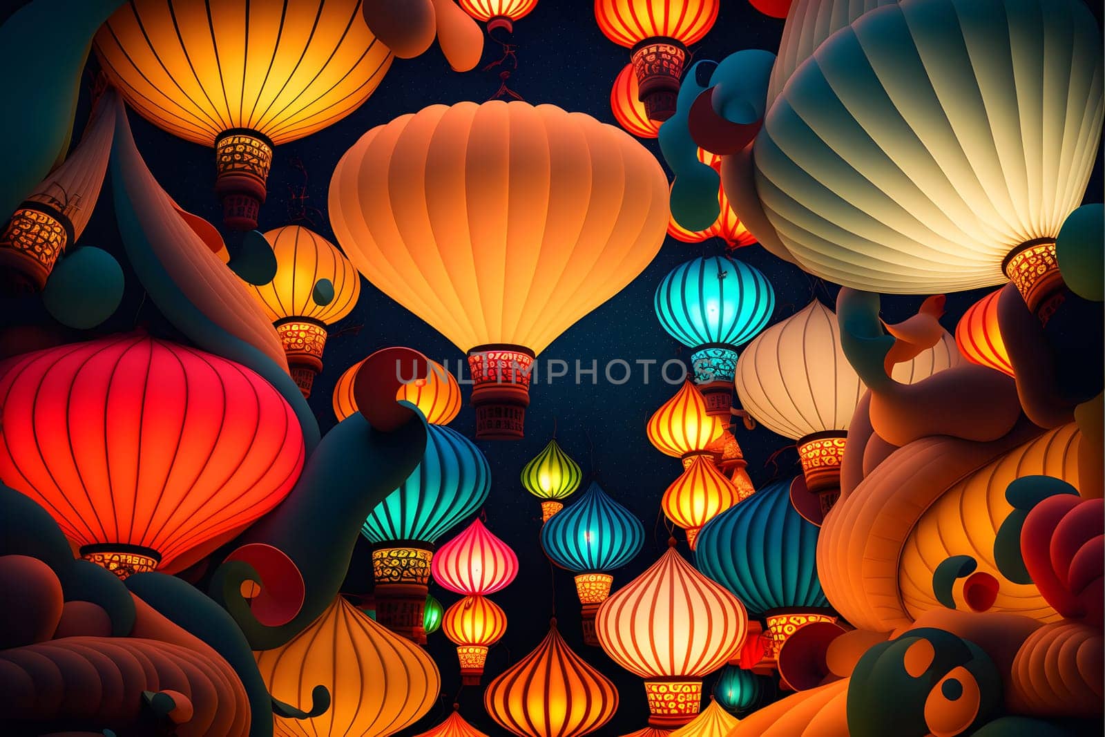 surreal fantasy lantern festival, colorful lanterns glowing brightly on night river surface, neural network generated in spring 2023. Not based on any actual scene or pattern.