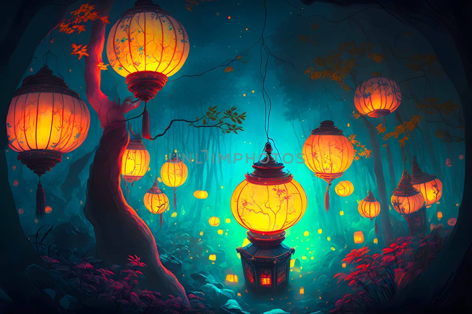 surreal fantasy lantern festival in magic forest, colorful lanterns glowing brightly hanging on trees, neural network generated in spring 2023. Not based on any actual scene or pattern.