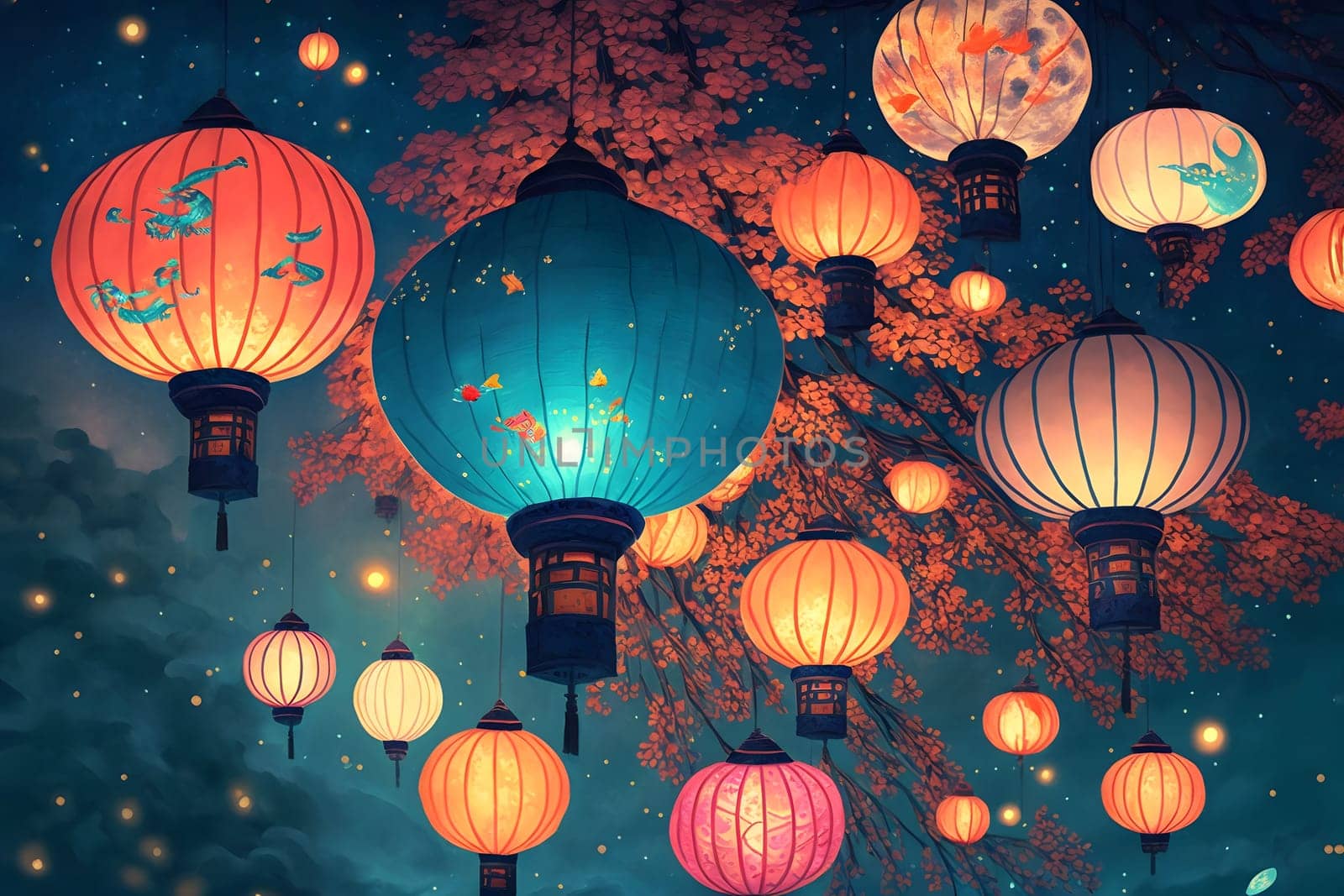 surreal fantasy lantern festival, colorful lanterns glowing brightly on night river surface, neural network generated in spring 2023. Not based on any actual scene or pattern.