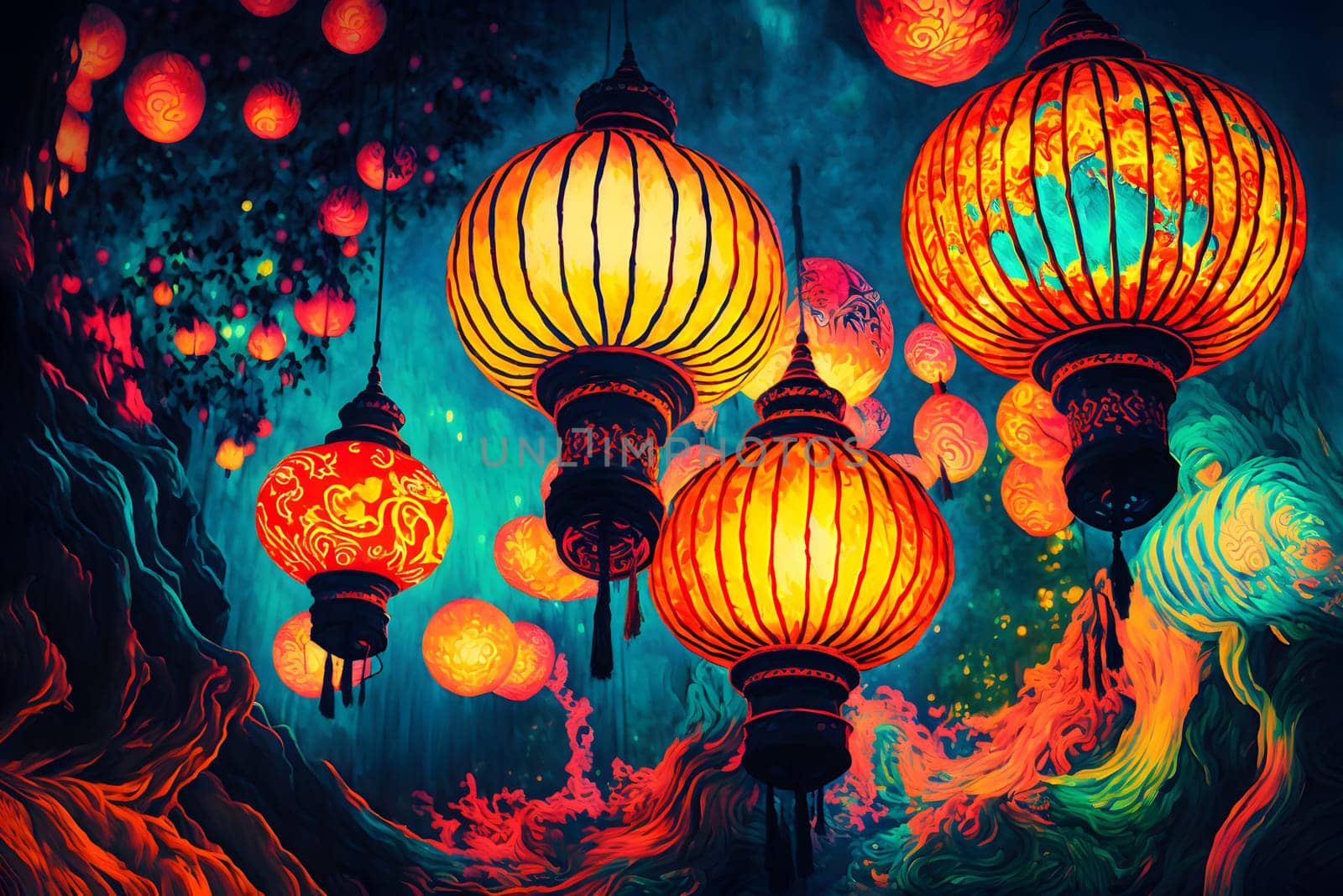surreal fantasy lantern festival, colorful lanterns glowing brightly on night river surface, neural network generated in spring 2023. Not based on any actual scene or pattern.