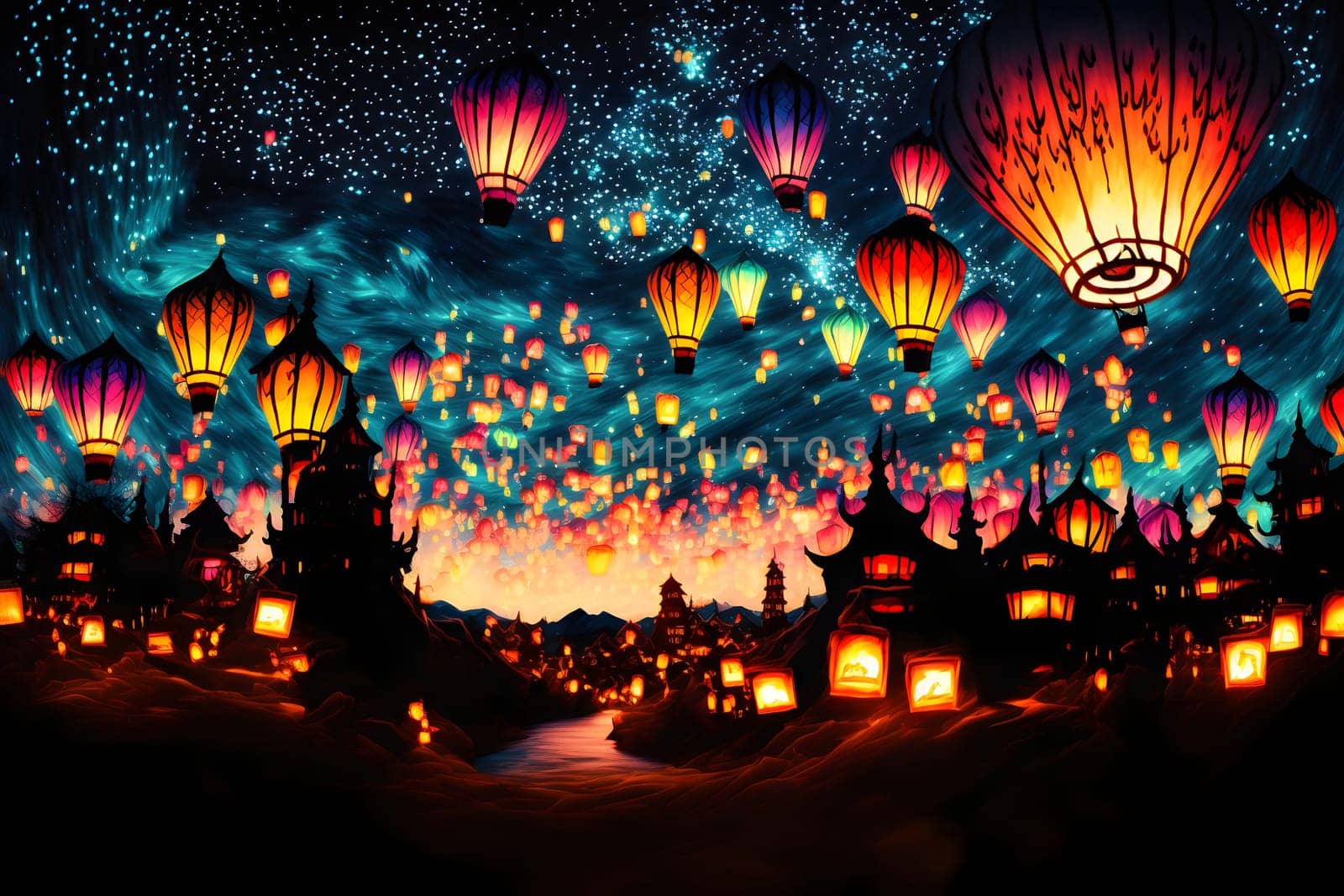 surreal fantasy massive lantern festival, colorful ballon lanterns glowing above starry night landscape, neural network generated in spring 2023. Not based on any actual scene or pattern.