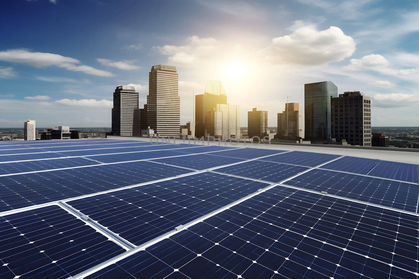 solar panels on city rooftop with downtown and blue sky in the background, neural network generated art. Digitally generated image. Not based on any actual person, scene or pattern.