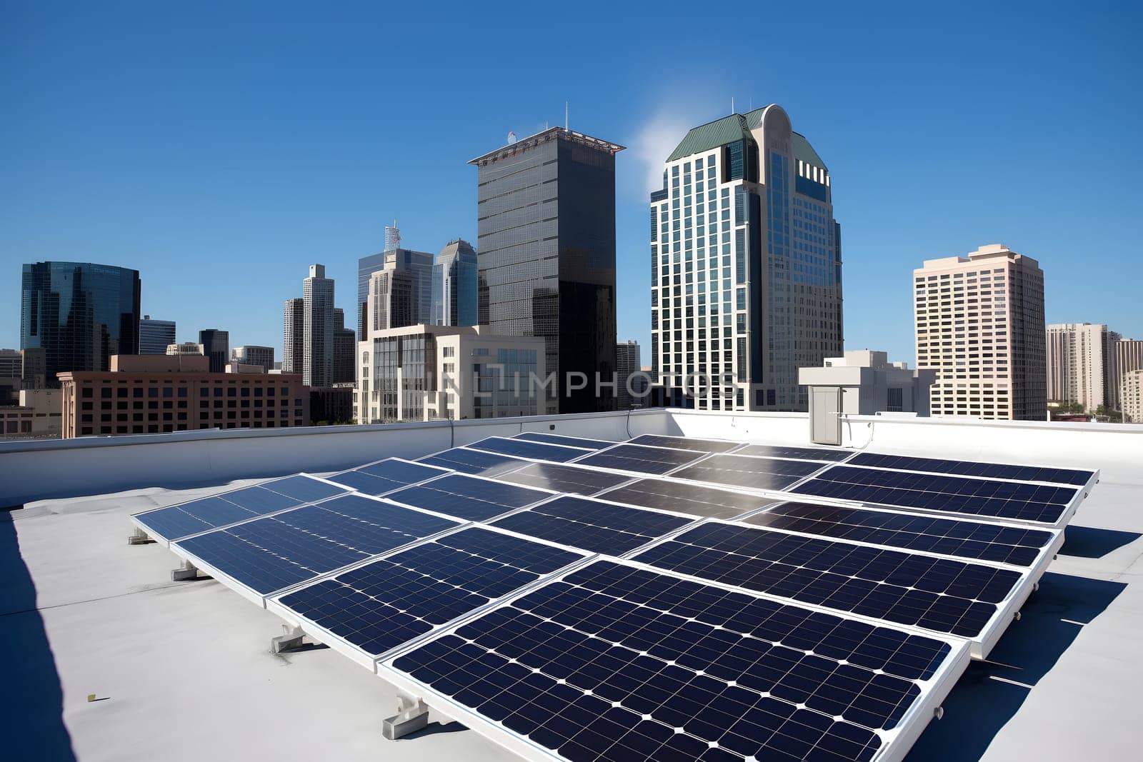 solar panels on city rooftop with downtown and blue sky in the background. Neural network generated in may 2023. Not based on any actual person, scene or pattern.